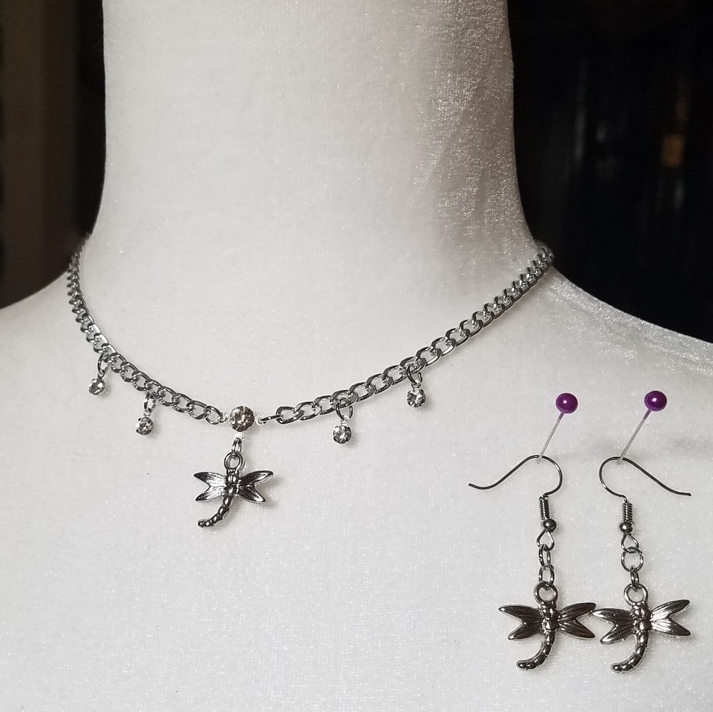 HAND MADE rhinestone dragonfly choker & earrings